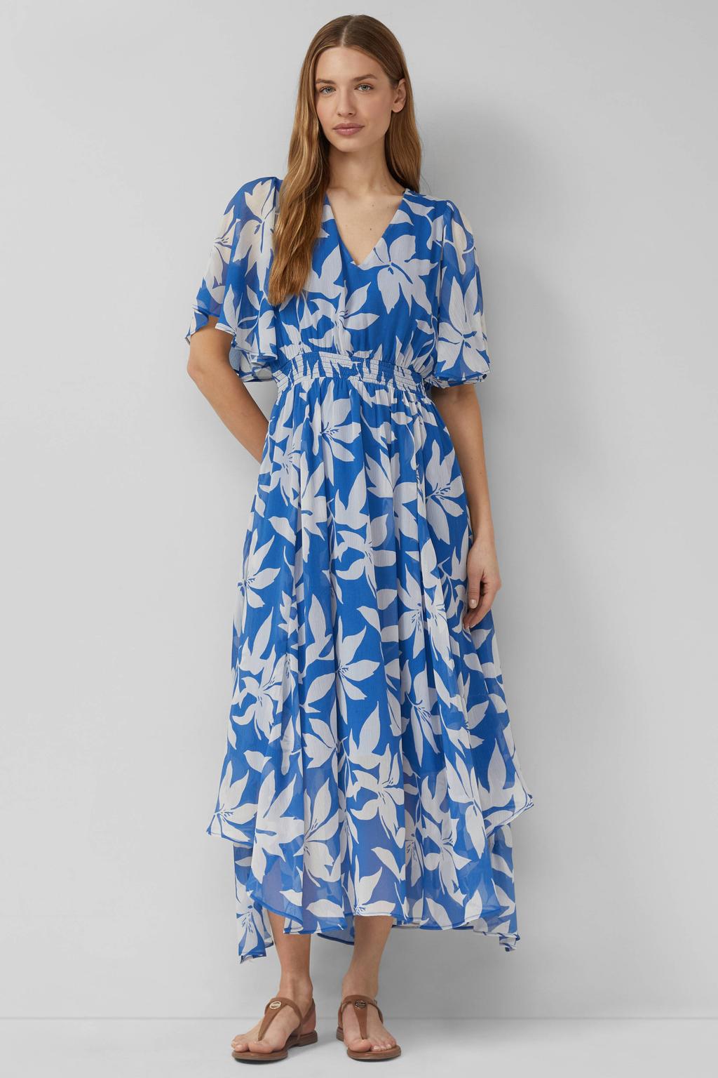 Blauw en witte dames s.Oliver zomerjurk van polyester met bladprint, half lange mouwen, V-hals en elastische tailleband