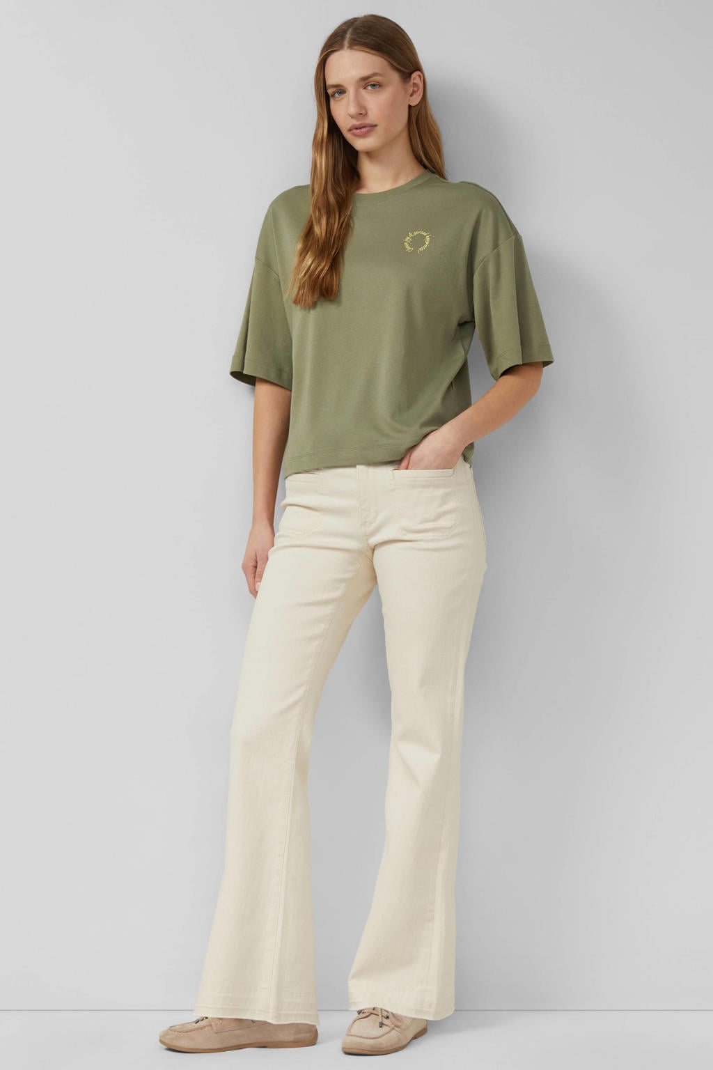 Olijfgroene dames s.Oliver T-shirt van katoen met printopdruk, half lange mouwen en ronde hals
