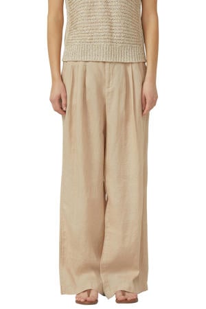 wide leg regular waist broek met linnen beige