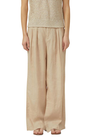 wide leg regular waist broek met linnen beige