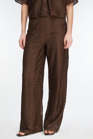wide leg high waist casual broek donkerbruin