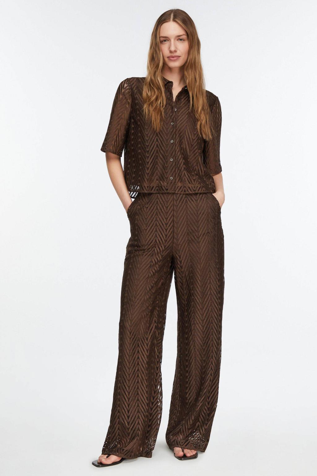 Donkerblauwe dames comma wide leg high waist casual broek met effen