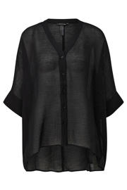thumbnail: Zwarte dames comma blouse van viscose met effen, driekwart mouwen, klassieke kraag en knoopsluiting