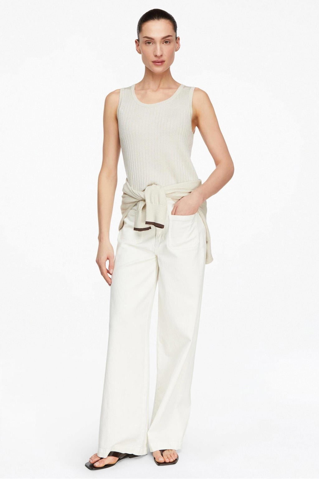 Beige dames comma top van viscose met effen, ronde hals en glitters