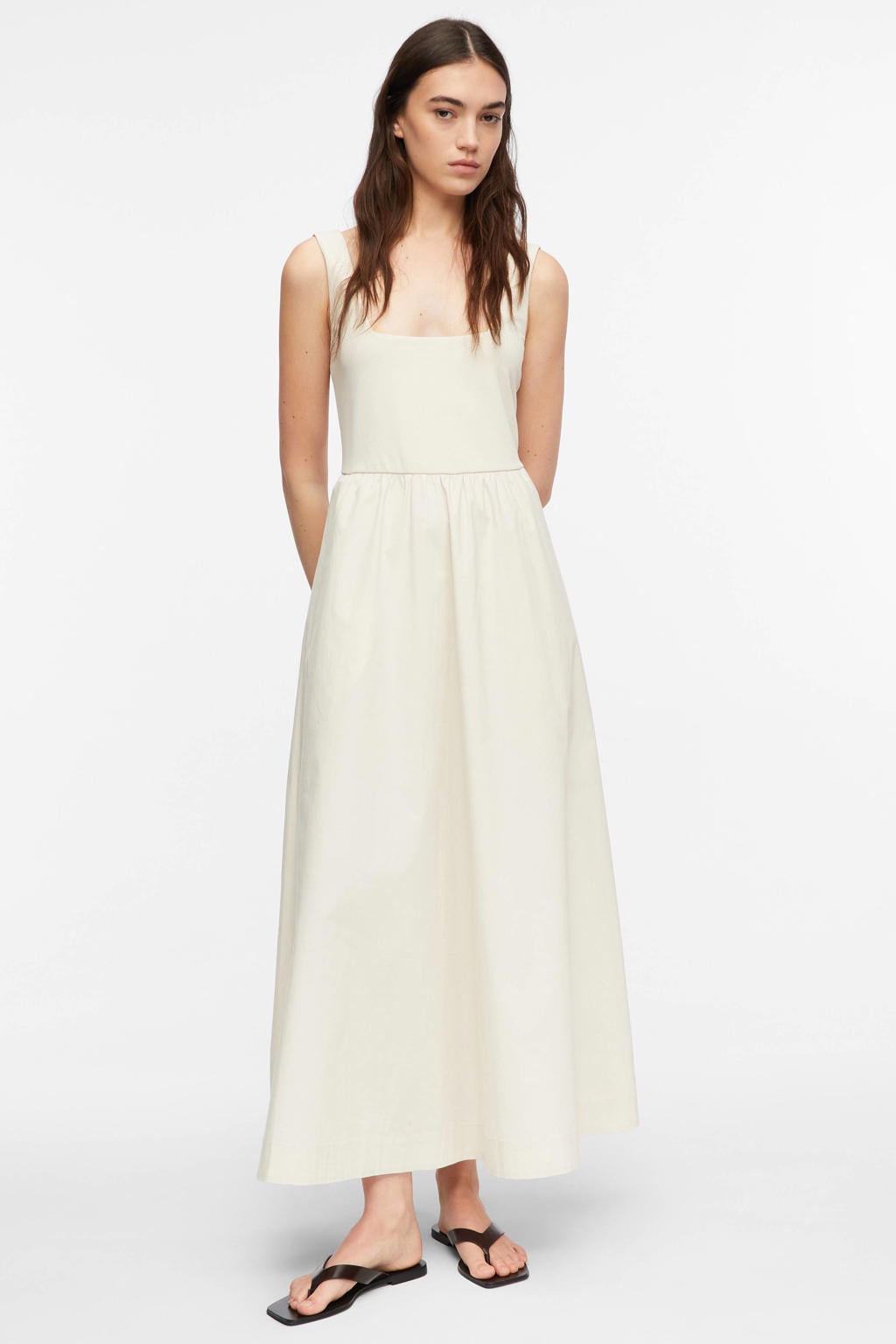 Beige dames comma zomerjurk van katoen met effen, vierkante hals en plooien