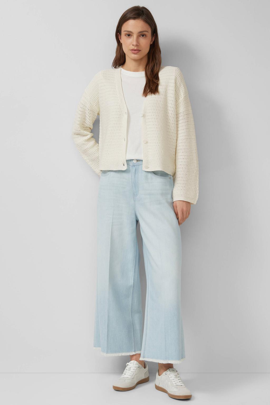 Witte dames s.Oliver vest gebreid van katoen met effen, lange mouwen, V-hals en knoopsluiting