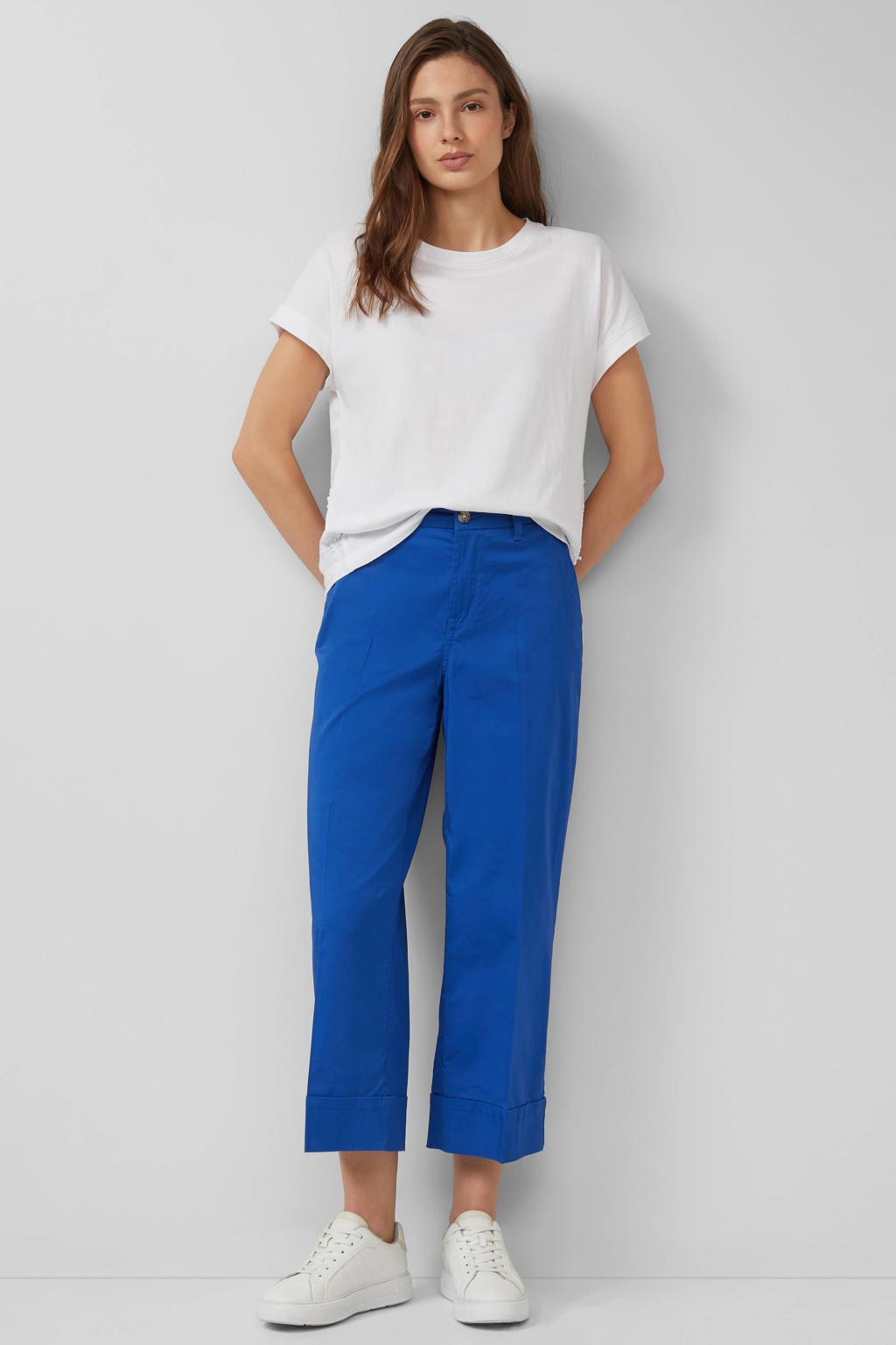 Blauwe dames s.Oliver wide leg cropped broek van katoen met high waist, rits- en knoopsluiting en effen