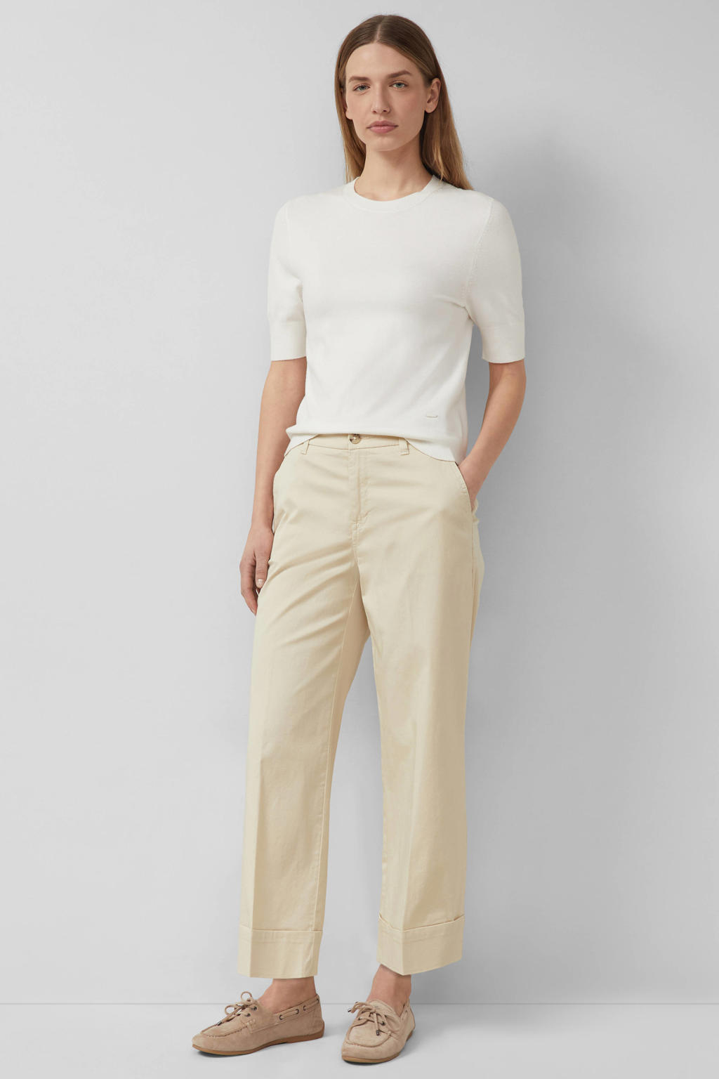 Ecru dames s.Oliver wide leg cropped broek van katoen met high waist, rits- en knoopsluiting en effen