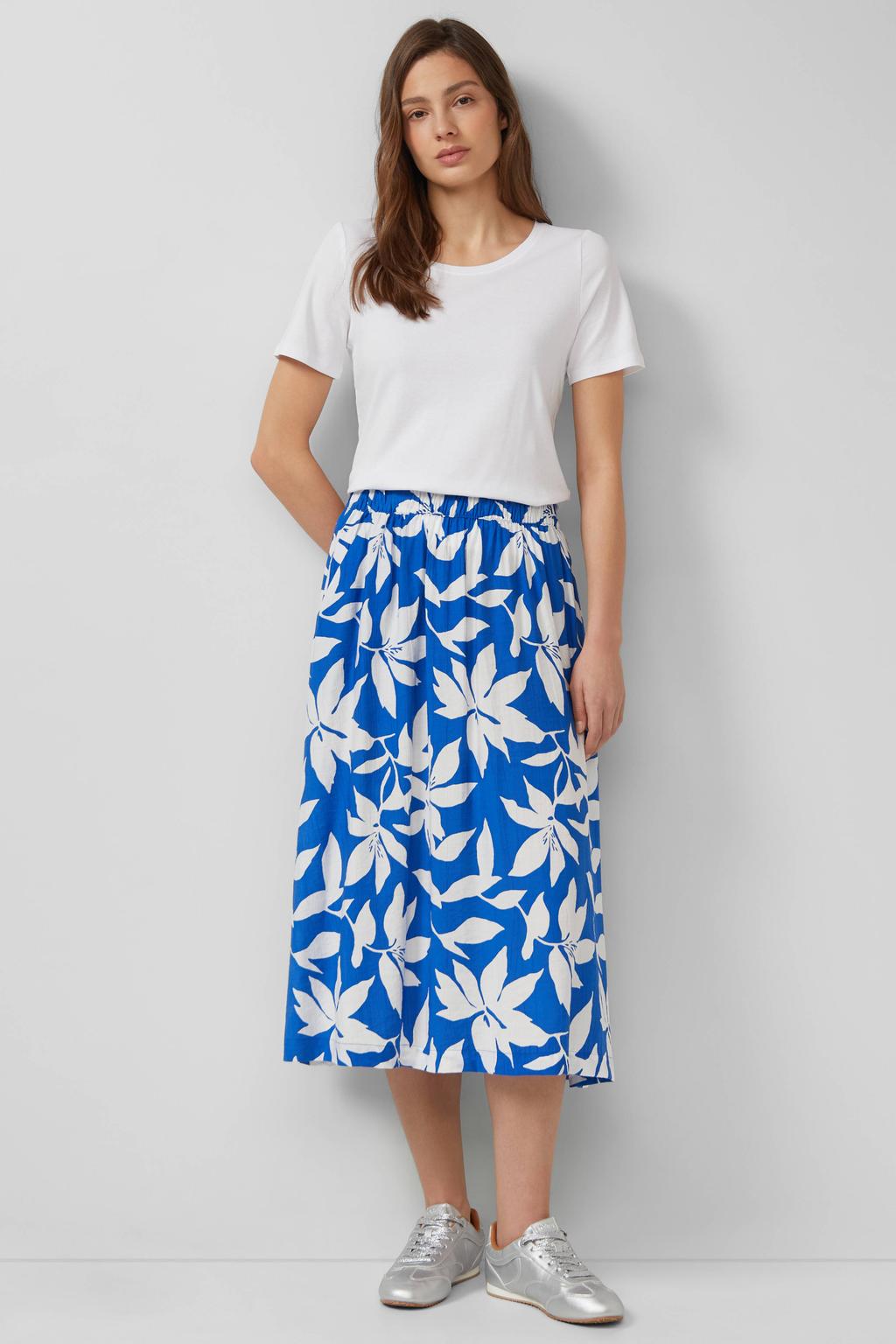 Blauw en witte dames s.Oliver midi rok gemaakt van viscose en met elastische tailleband