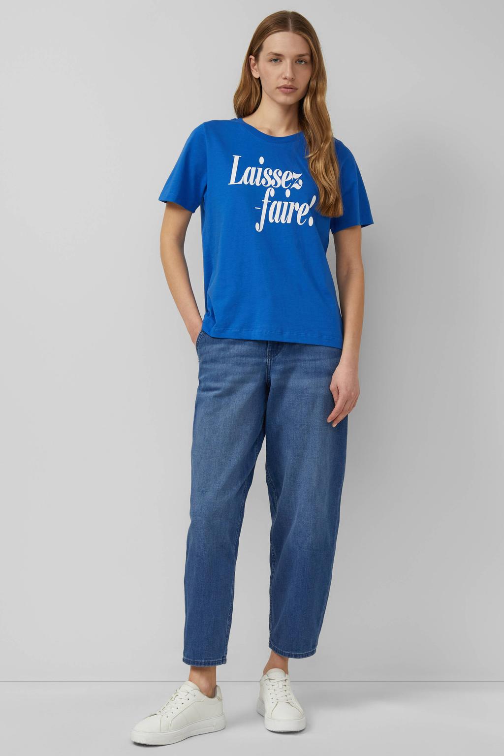 Blauwe dames s.Oliver T-shirt van katoen met tekst print, korte mouwen en ronde hals