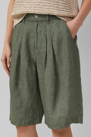 wide leg high waist bermuda short met linnen kaki