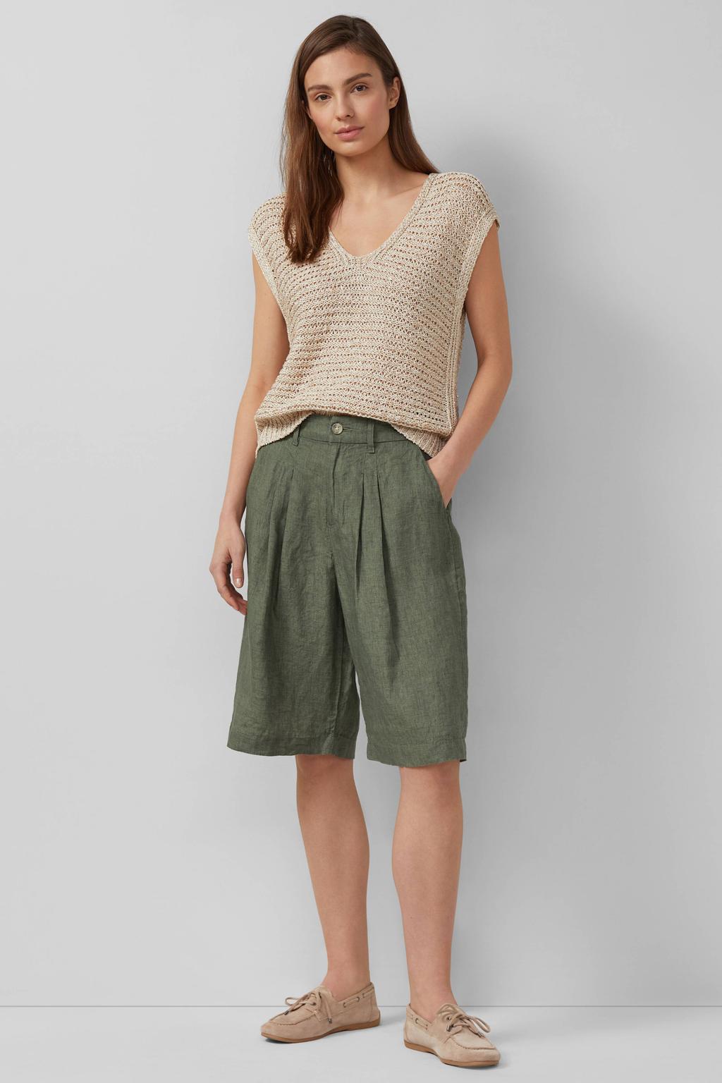 Kakikleurige dames s.Oliver wide leg high waist bermuda short van linnen met rits- en knoopsluiting en effen