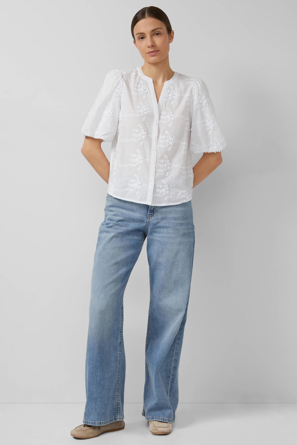 Witte dames s.Oliver geborduurde blouse van katoen met effen, driekwart mouwen, klassieke kraag en knoopsluiting