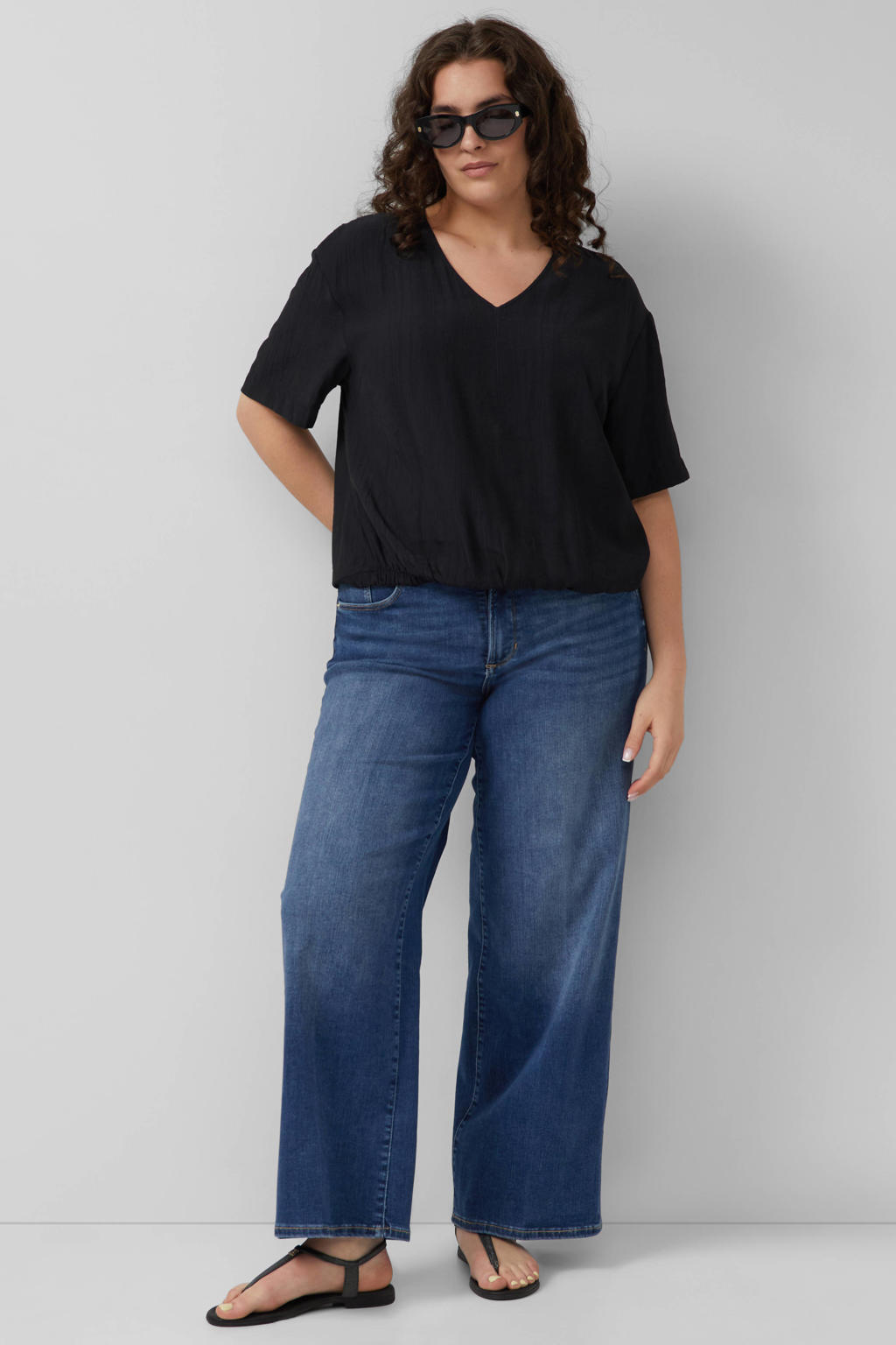 Zwarte dames s.Oliver Curve top van viscose met effen, driekwart mouwen, V-hals en elastische boord