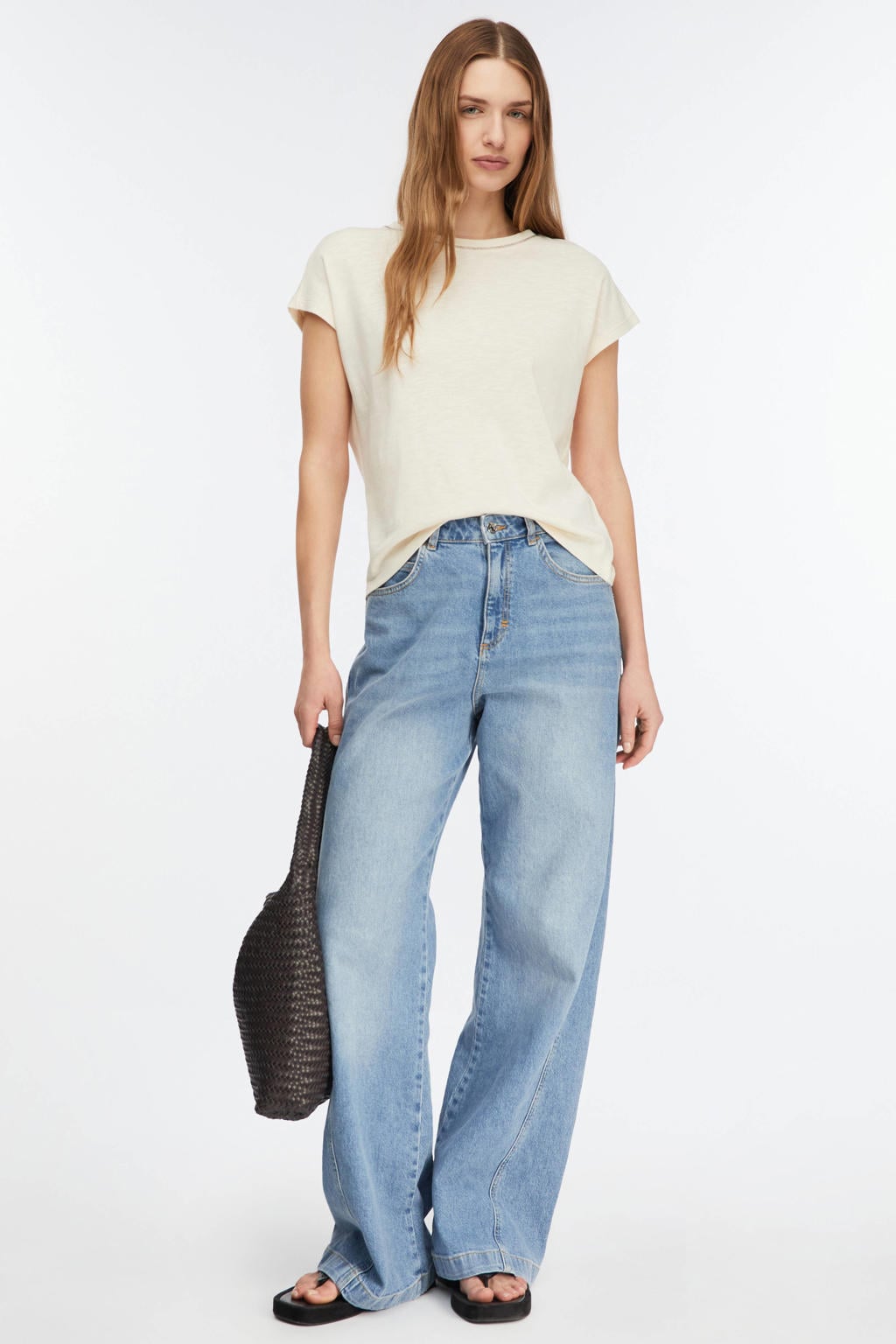 Ecru dames comma top met effen, korte mouwen en ronde hals