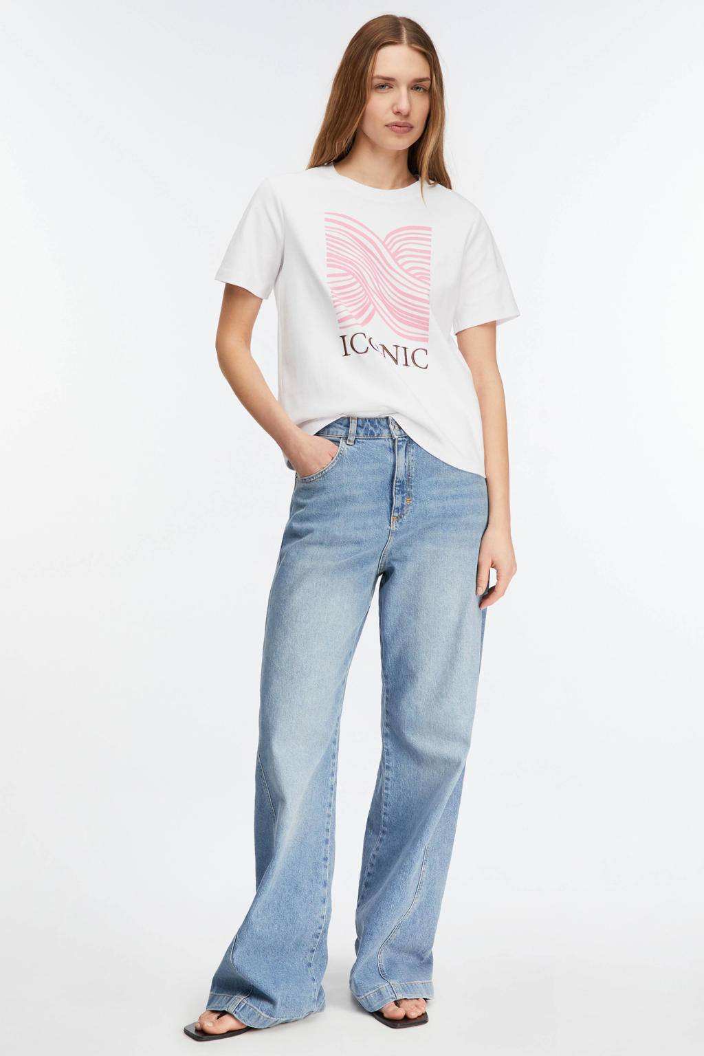 Wit en roze dames comma T-shirt van katoen met printopdruk, korte mouwen en ronde hals