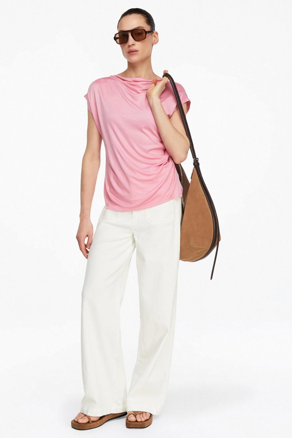 Roze dames comma top van viscose met effen, ronde hals en plooien
