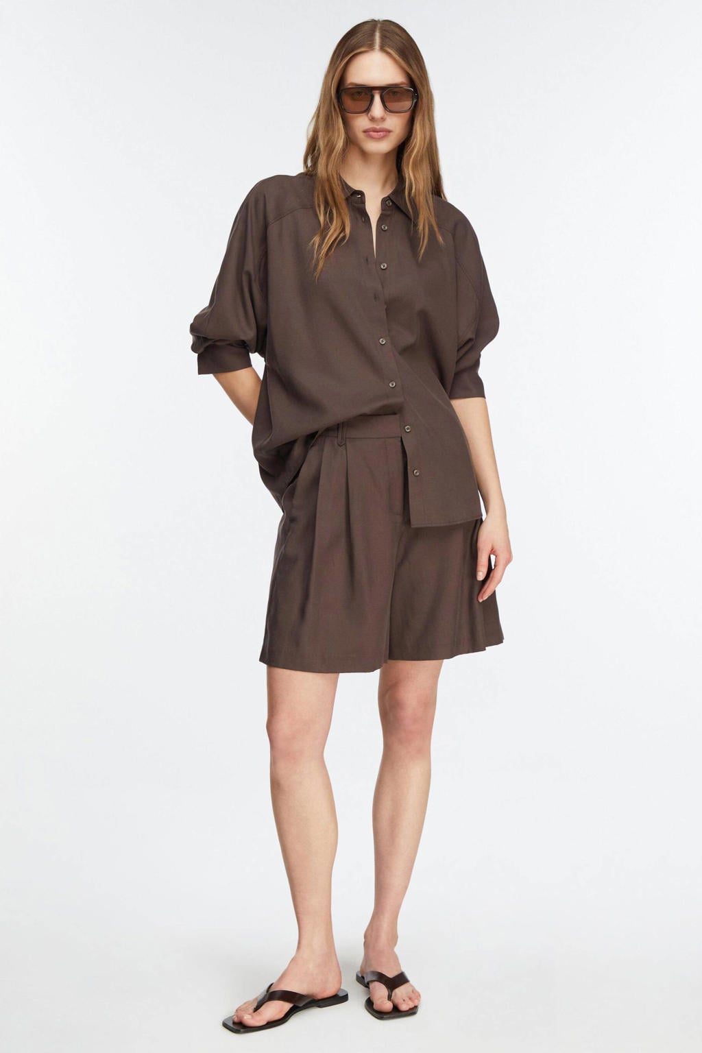 Donkerblauwe dames comma high waist short van lyocell met loose fit, rits, haak- en knoopsluiting en effen