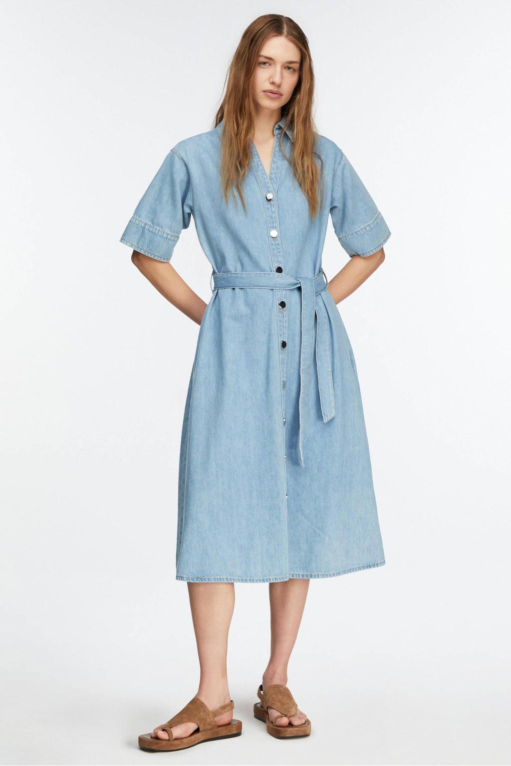 Light blue denim dames comma blousejurk van denim met effen, half lange mouwen, klassieke kraag, knoopsluiting en ceintuur