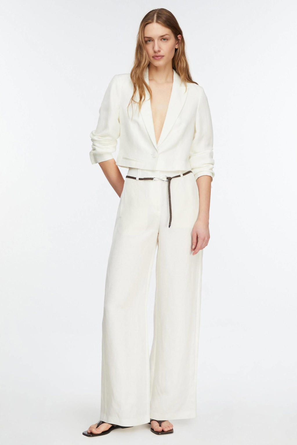 Witte dames comma wide leg high waist casual broek van linnen met rits- en haaksluiting en effen