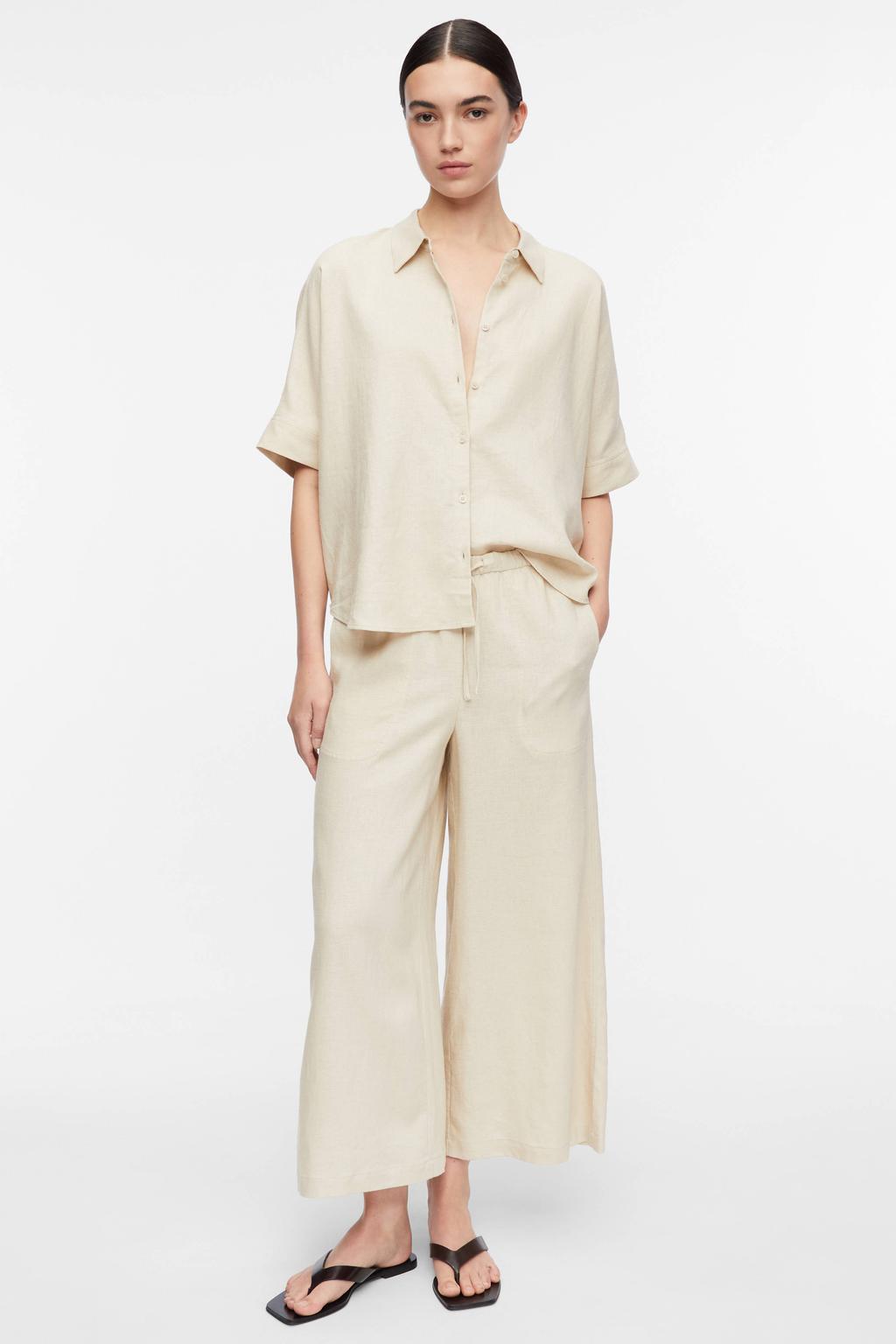 Beige dames comma linnen wide leg broek met elastische tailleband met koord en effen