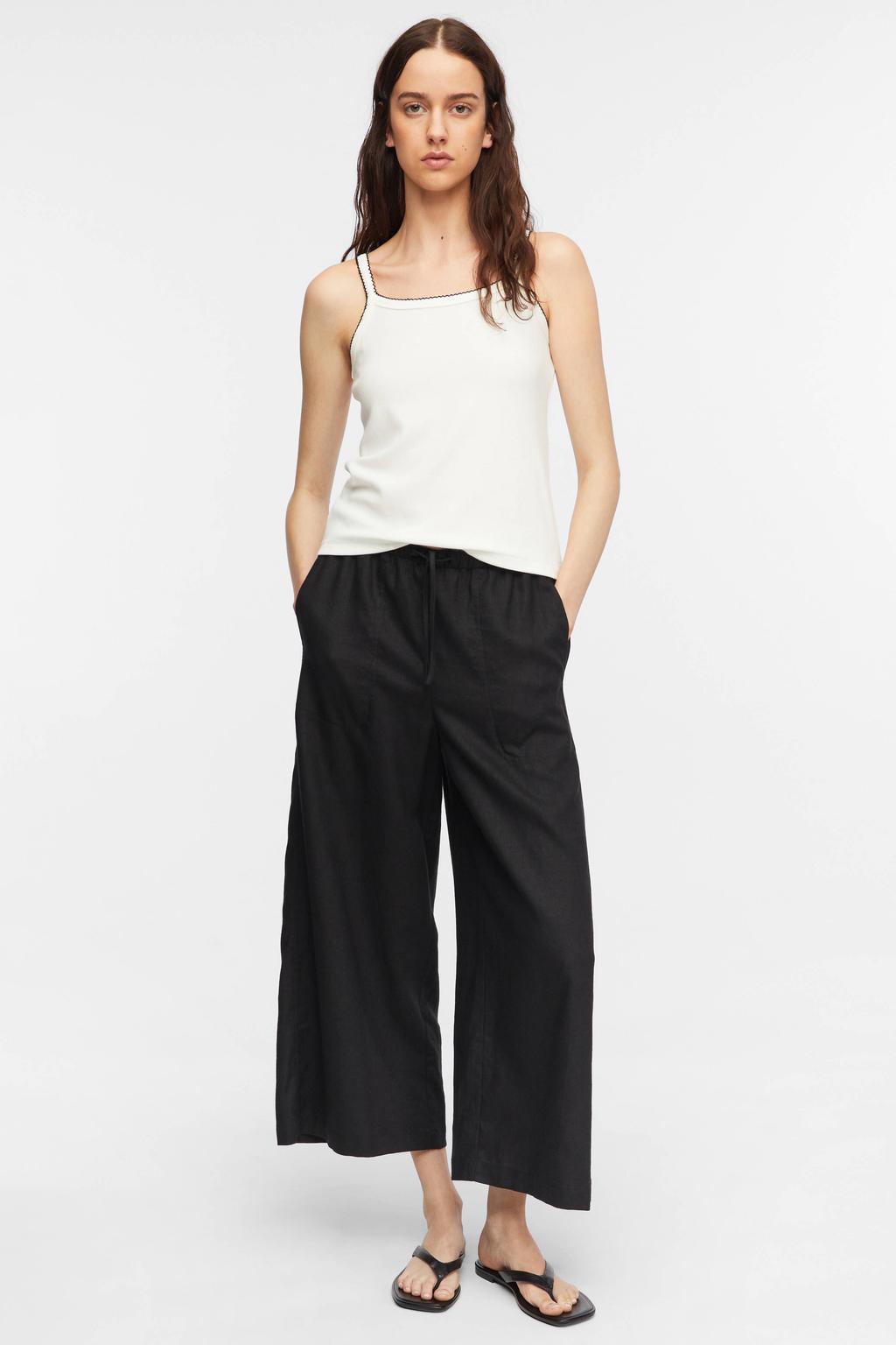 Zwarte dames comma linnen wide leg fit culottebroek met elastische tailleband met koord en effen
