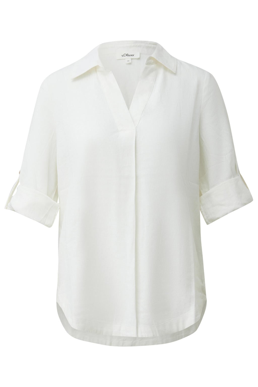 Witte dames s.Oliver blouse van linnen met effen, lange mouwen, klassieke kraag, knoopsluiting en omslagdetail