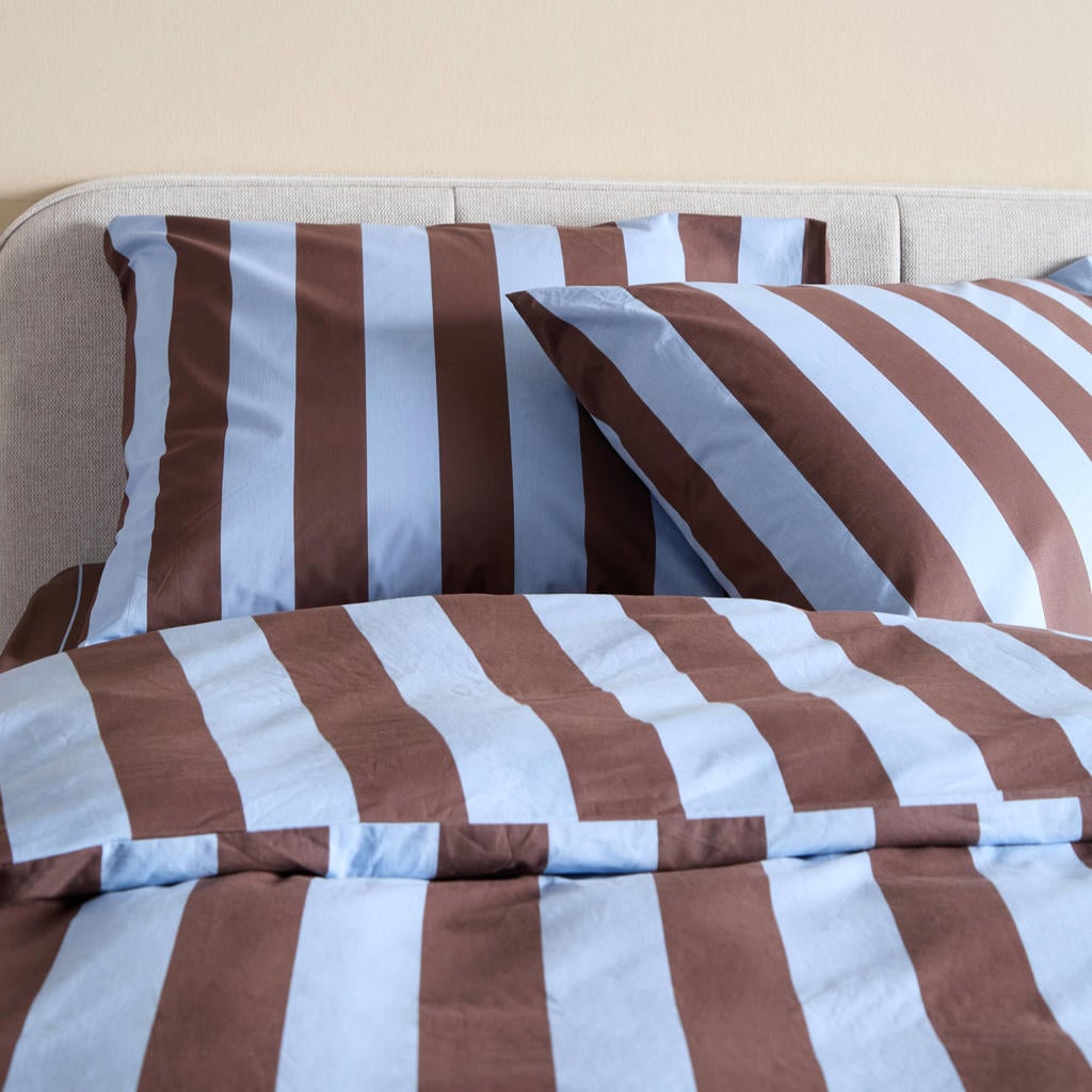 NOUS Living gestreept 1-persoons dekbedovertrek 140x200 cm - donkerbruin/blauw