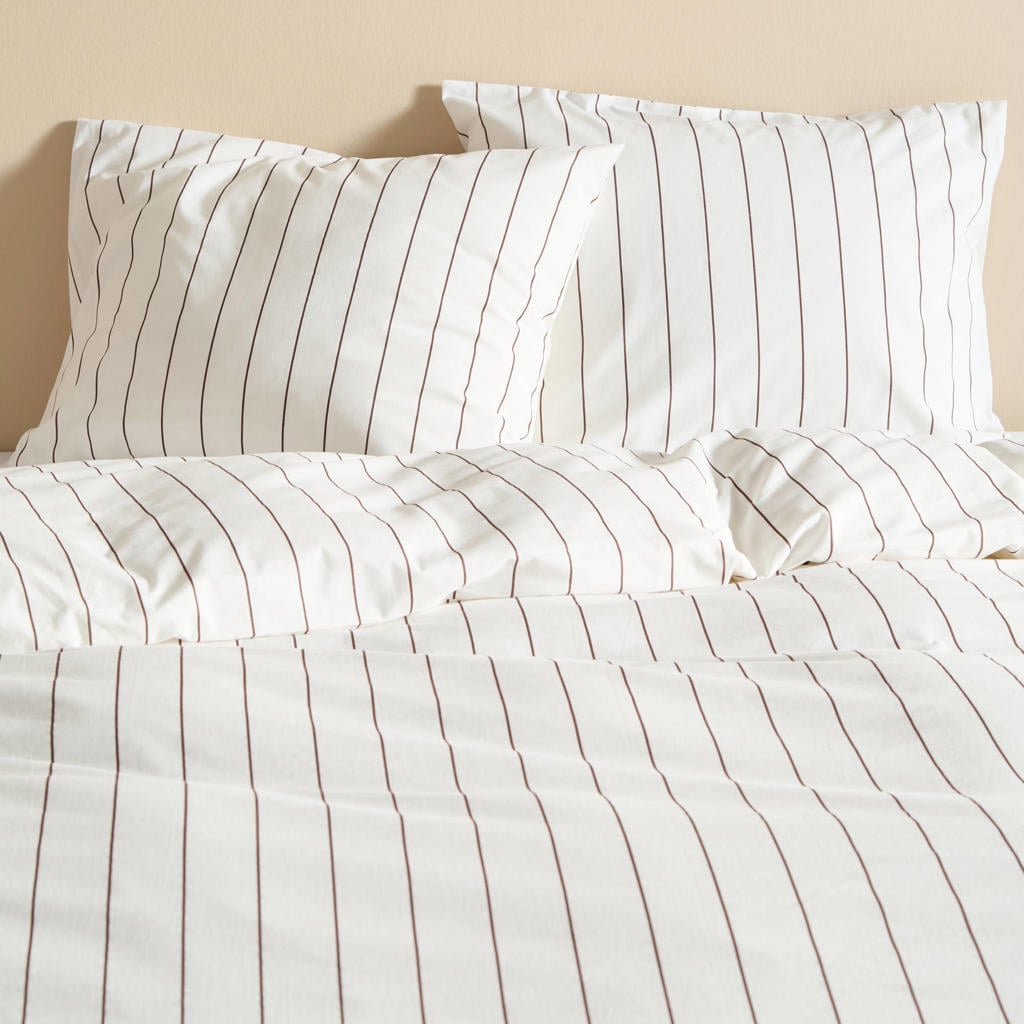 NOUS Living katoenen gestreepte 1-persoons dekbedovertrek 140x200 cm - donkerbruin/offwhite