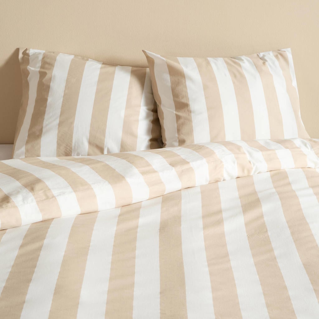 NOUS Living katoenen gestreepte 1-persoons dekbedovertrek 140x200 cm - zand/off white