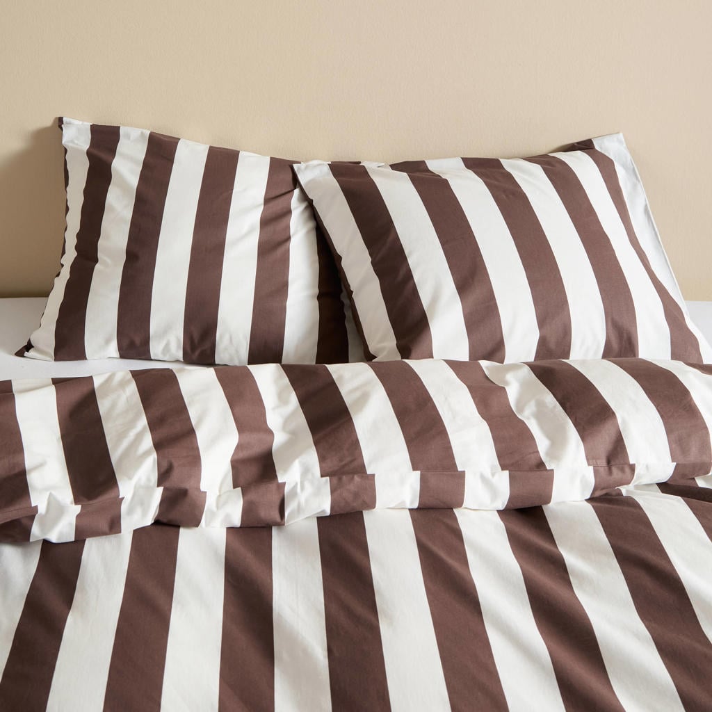 NOUS Living katoenen gestreepte 1-persoons dekbedovertrek 140x200 cm - donkerbruin/offwhite