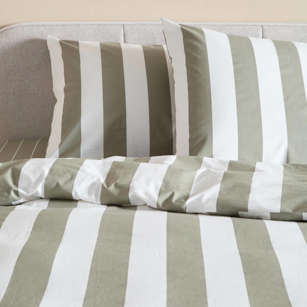 NOUS Living katoenen gestreepte 1-persoons dekbedovertrek 140x200 cm - groen/offwhite