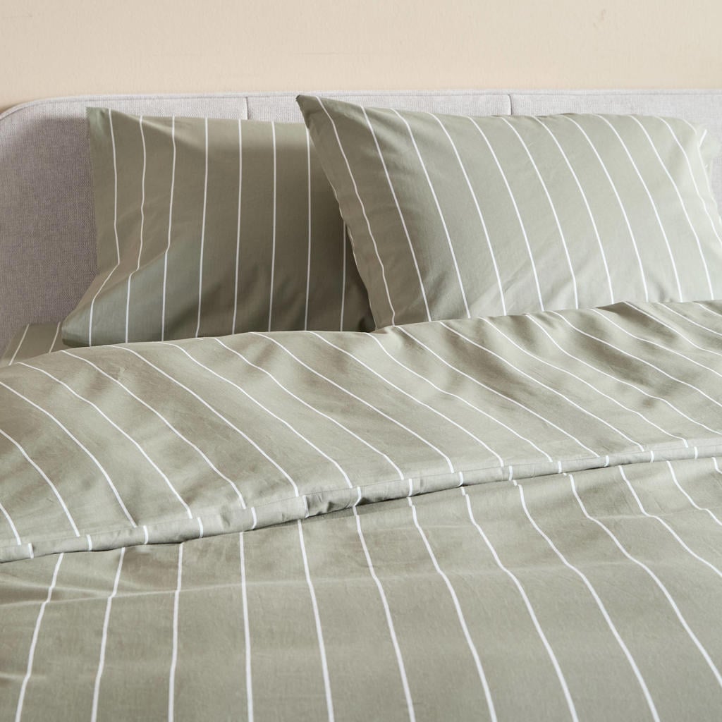 NOUS Living katoenen gestreepte 1-persoons dekbedovertrek 140x200 cm - groen/offwhite