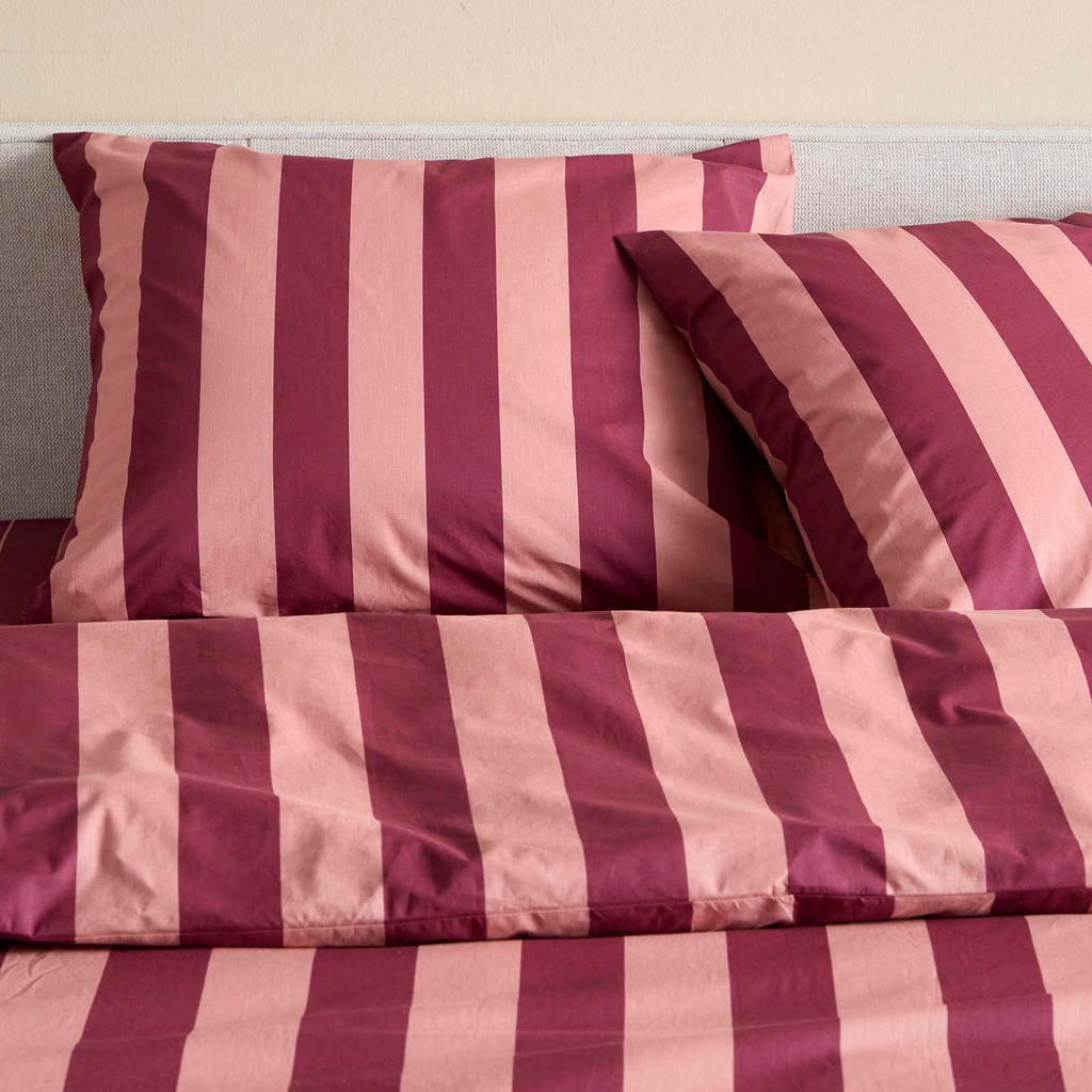 NOUS Living katoenen gestreept 1-persoons dekbedovertrek 140x200 cm - donkerrood/roze