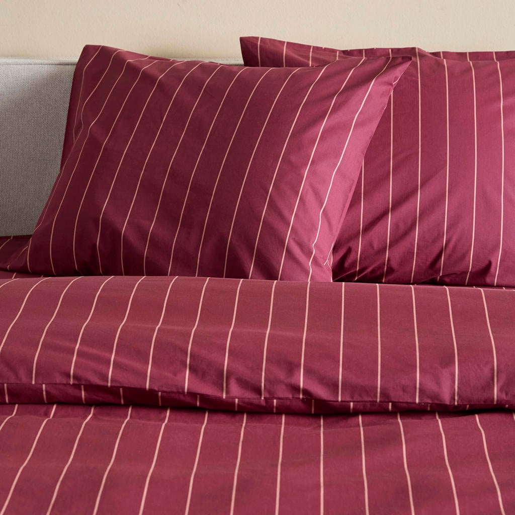 NOUS Living katoenen gestreepte 2-persoons dekbedovertrek 200x200 cm - donkerrood/roze