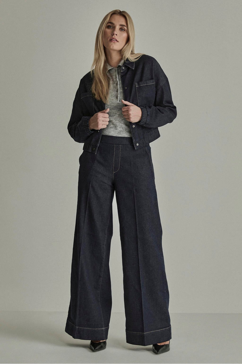 Dark blue denim dames Para Mi wide leg jeans van denim met rits- en knoopsluiting en effen