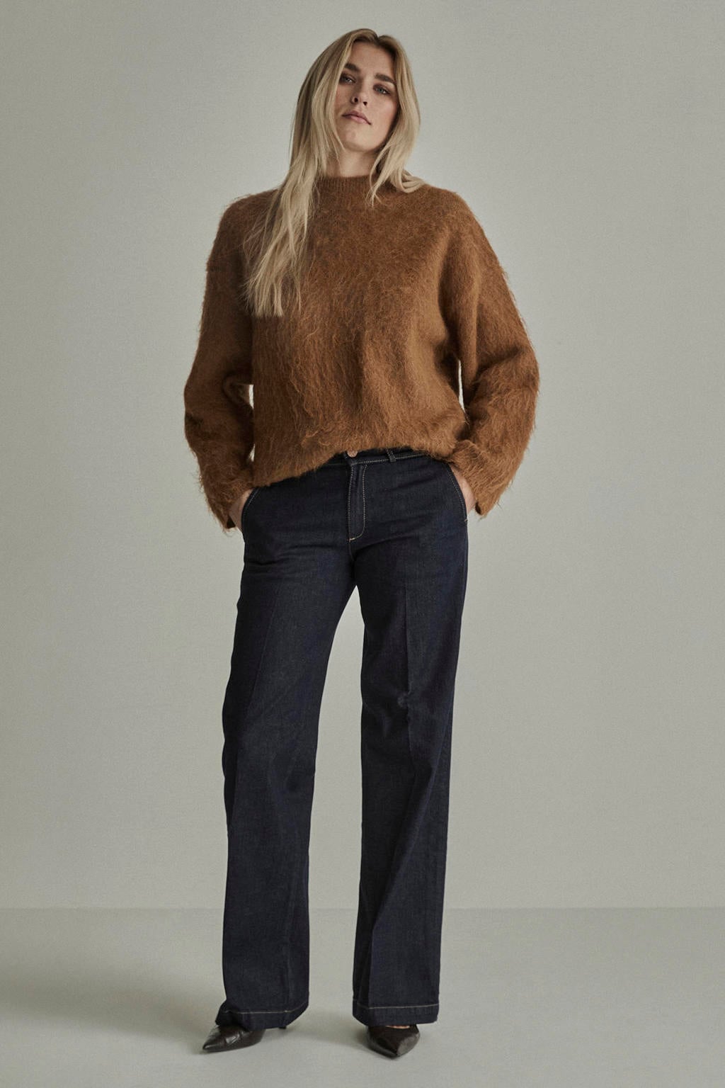 Dark blue denim dames Para Mi wide leg jeans van denim met high waist, rits- en knoopsluiting en effen