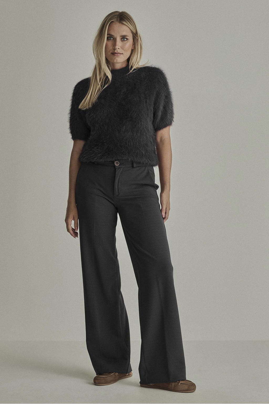 Zwarte dames Para Mi wide leg broek met rits- en knoopsluiting en effen