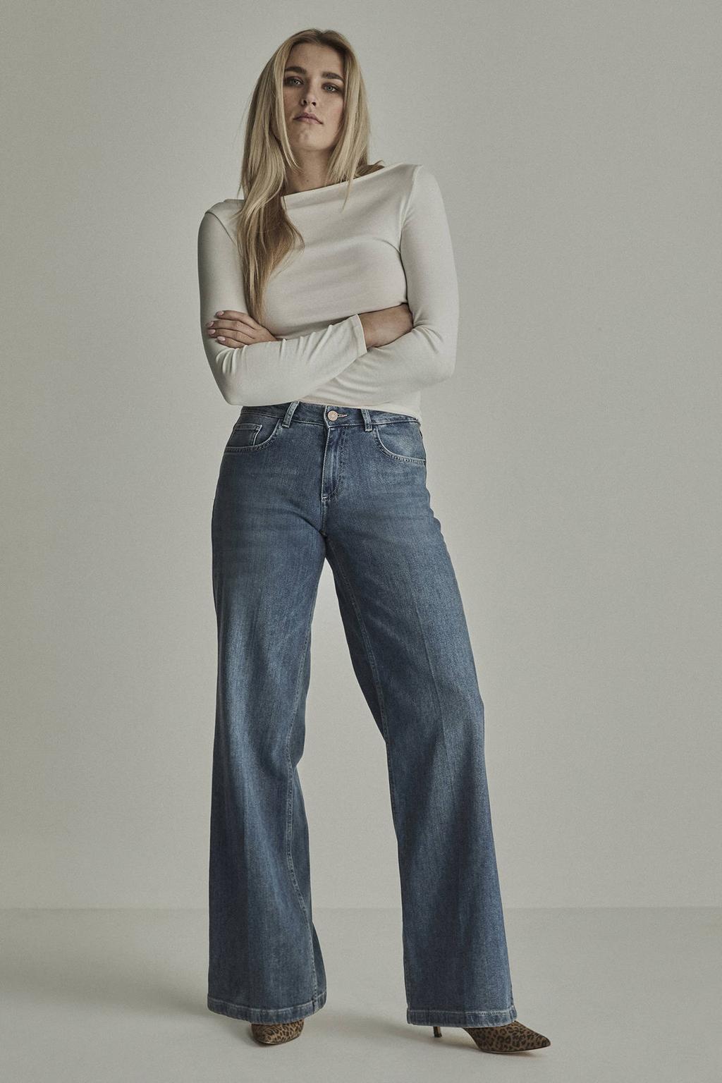 Medium blue denim dames Para Mi wide leg jeans middelblauw van denim met rits- en knoopsluiting en effen