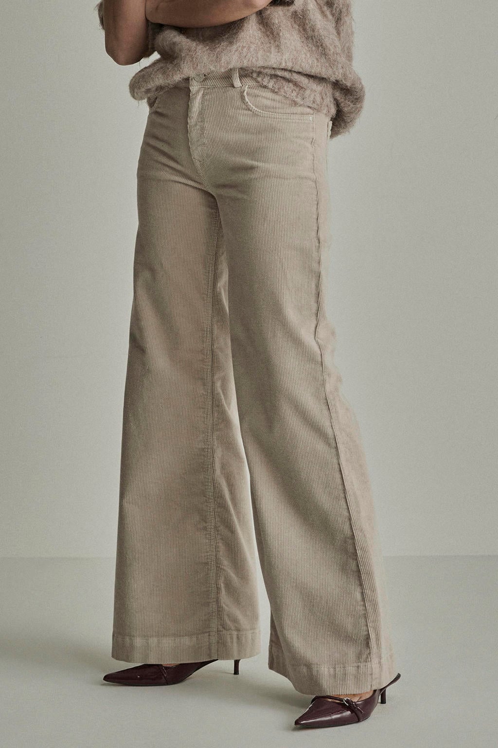 Beige dames Para Mi corduroy wide leg broek met rits- en knoopsluiting en effen