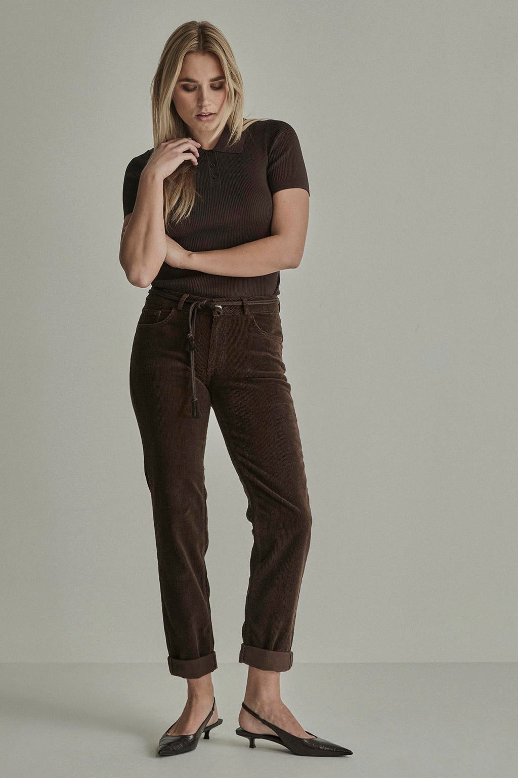 Bruine dames Para Mi slim fit corduroy broek met effen