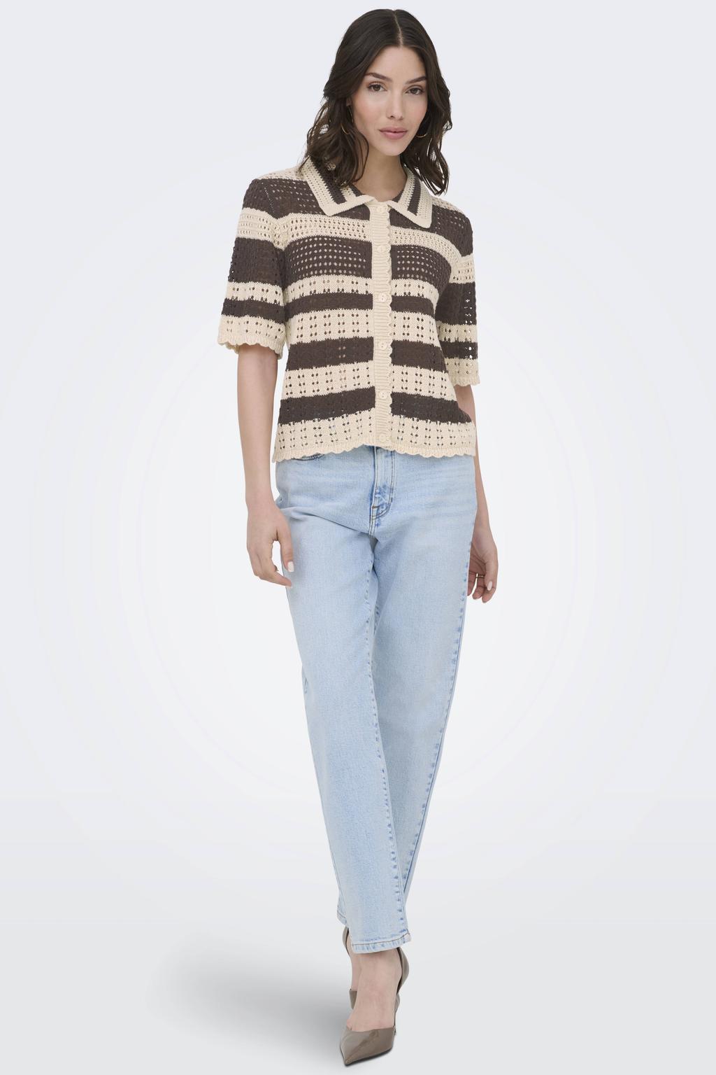 Bruine dames JDY vest gebreid van acryl met effen, korte mouwen, button down sluiting en knoopsluiting