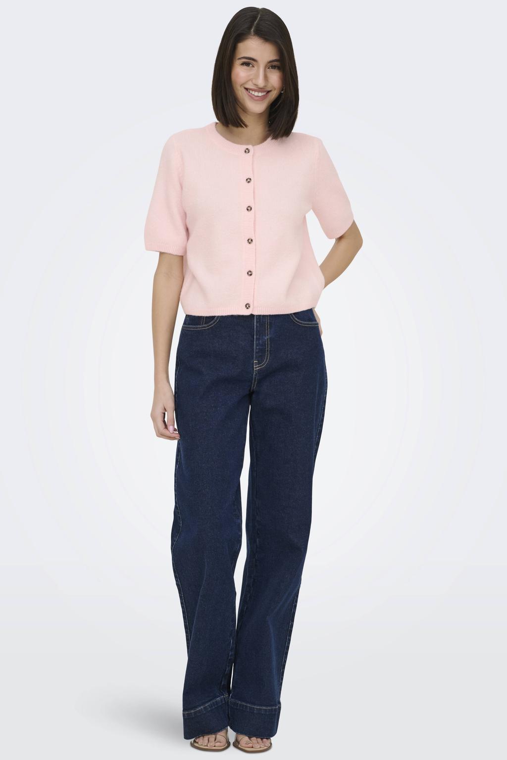 Lichtroze dames JDY vest gebreid met effen, korte mouwen, ronde hals en knoopsluiting