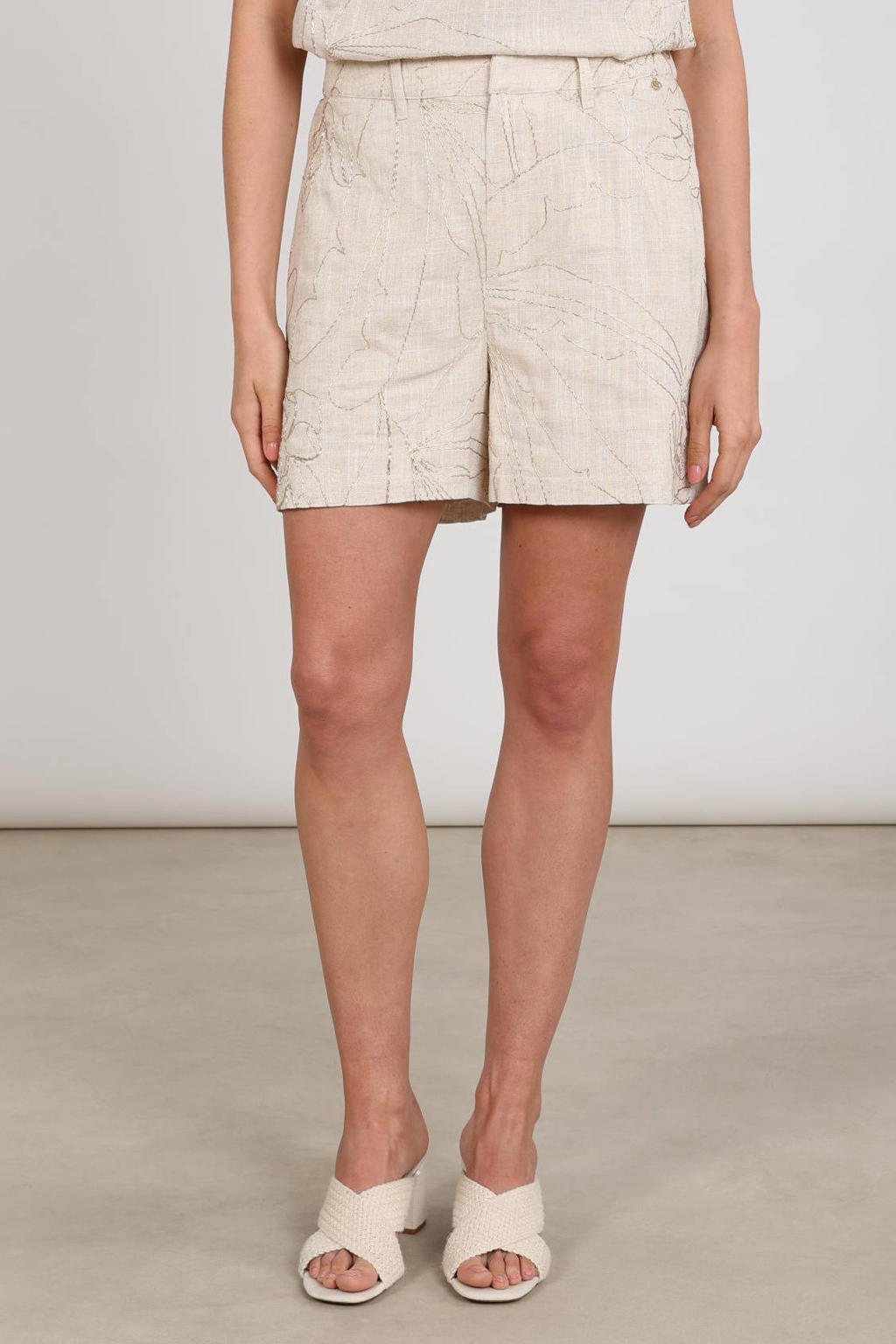 Beige en gouden dames NUKUS regular waist gebloemde casual short van viscose met rits- en haaksluiting