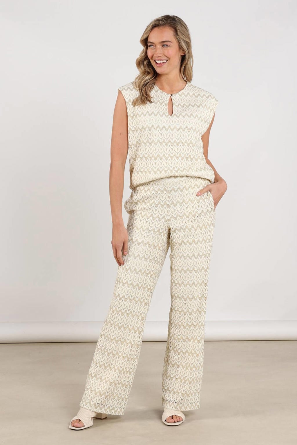 Ecru en gouden dames NUKUS wide leg regular waist broek