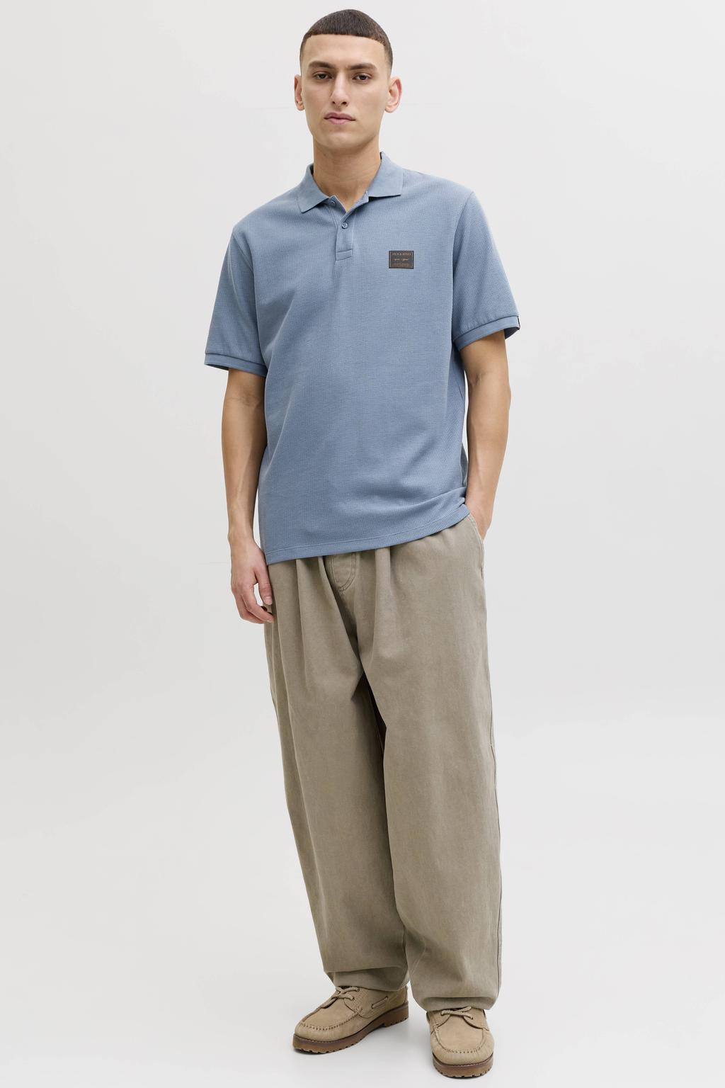 Blauwe heren JACK & JONES regular polo met effen, korte mouwen, knoopsluiting en textuur
