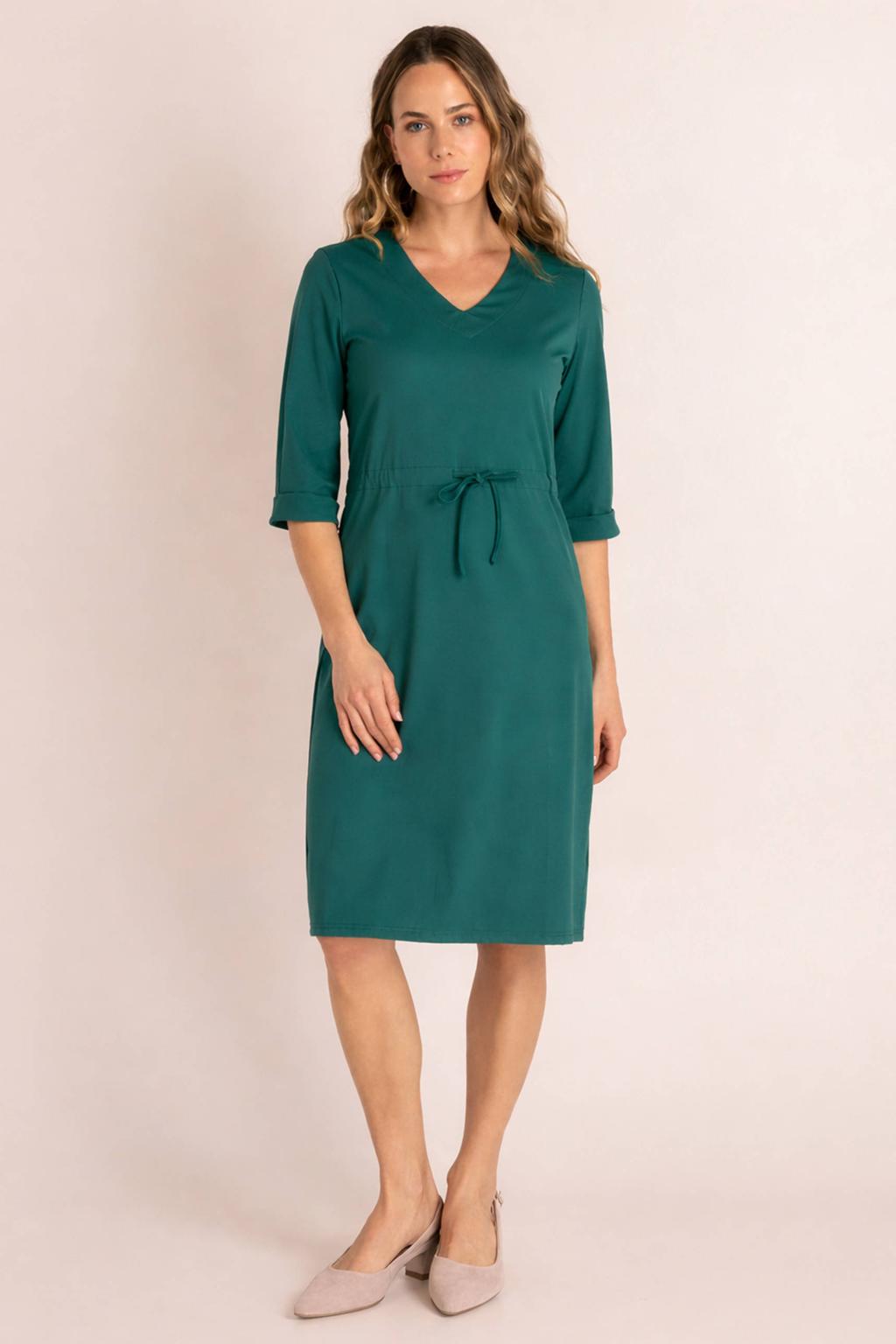 Groene dames Ivy Beau travelstof midi jurk met effen, driekwart mouwen en V-hals