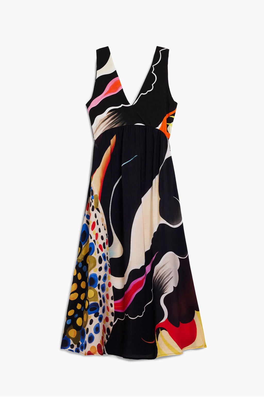 Multikleurige dames Desigual midi jurk van viscose met V-hals