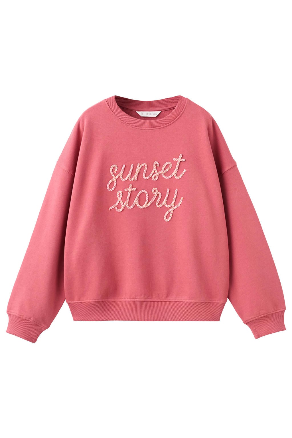 Koraalrode meisjes Mango Kids sweater met tekst print, lange mouwen, ronde hals en borduursels