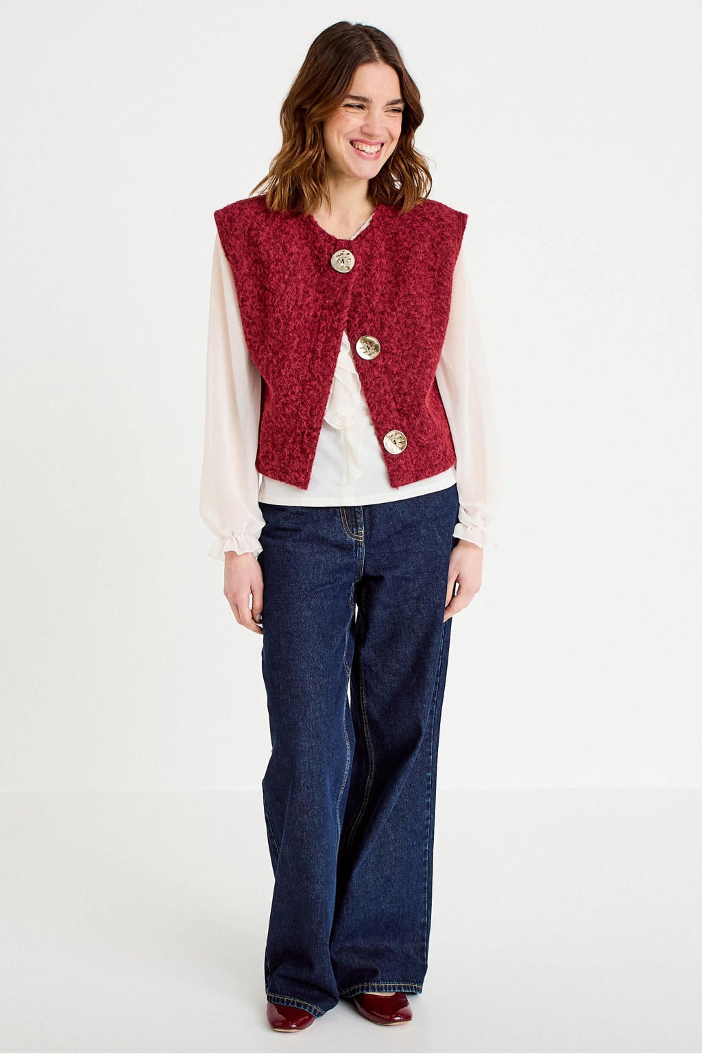Ecru dames Cache Cache top van polyester met effen, lange mouwen, V-hals en ruches